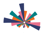 A colourful radial chart inspired by Ealaín na Gaeltachta features overlapping segments in navy blue, orange, teal, and pink spreading outward from a central white circle on a light background.
