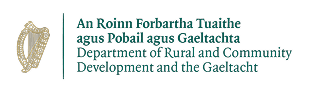 The logo of the Department of Rural and Community Development and the Gaeltacht, featuring an Irish harp symbol, bilingual Irish and English text, and a nod to Ealaín na Gaeltachta on a light background.